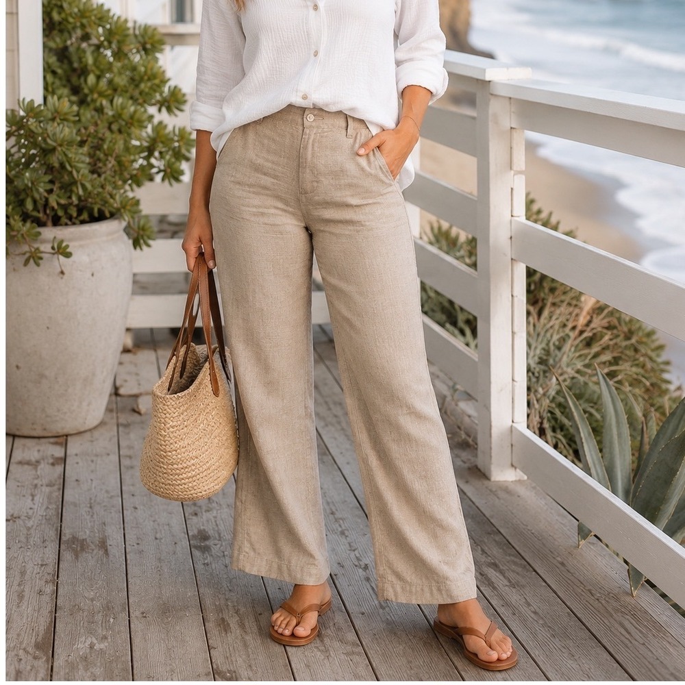 Brax Linen Trousers Women 26/32 Beige Excellent Style Maine Straight Leg Pants